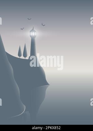 Illustration eines geheimnisvollen Leuchtturms im Nebel auf der dunklen Klippe, einer Schar von Möwen und ruhigem Wasser in grauen Farben. Stock Vektor