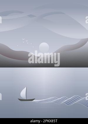 Darstellung der Meereslandschaft mit weißem Segelboot und Küste in grauen Silberfarben. Stock Vektor