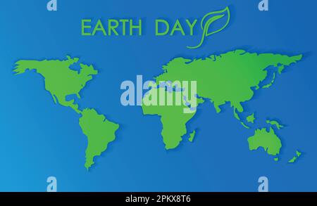 Abstrakte Weltkarte, grüne Kontinente im blauen Ozean. Das Konzept des Tages der Erde und der Liebe zum Planeten. Ich liebe unseren Planeten Stock Vektor