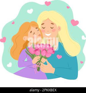 Illustration mit Mutter und Tochter mit Blumen zum Muttertag im Cartoon-Stil Stock Vektor