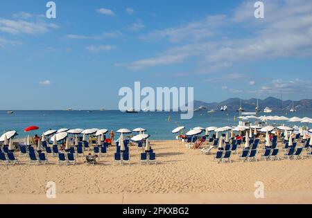 Der Privatstrand des Hotel Martinez auf La Croisette in Cannes im Süden Frankreichs mit Liegestühlen, Sonnenschirmen und Steg. Stockfoto