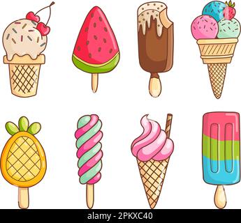 Köstliches farbenfrohes Eiscreme-Set. Eiscreme und Eis am Stiel zum Sammeln isoliert auf weißem Hintergrund. Stock Vektor