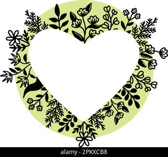 Herzförmiger Vektorrahmen mit Blumendesign, Kranz mit Blättern und Blumen im Kritzelstil. Romantische Rahmenvorlage Stock Vektor