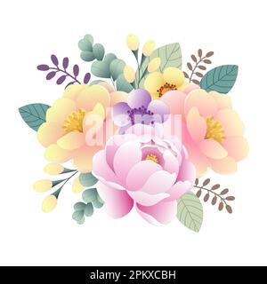 Darstellung einer blumigen Anordnung von Pfingstrosen und Anemonen in zarten Farben. Blumenset Stock Vektor