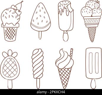 Ein handgezeichneter Satz Eiscreme-Doodle. Süße Desserts im Skizzenstil. Stock Vektor