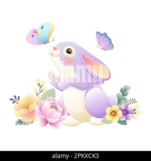 Abbildung eines süßen Hasen mit Schmetterlingen und Blumen Stock Vektor