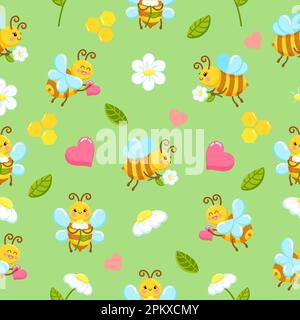 Süßes und leuchtendes Nahtmuster mit Cartoon-Liebesbienen und Gänseblümchen aus Vektor Stock Vektor