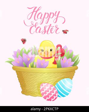 Vektordarstellung eines Osterhühnchens in einem Korb mit Krokussen in sanften Farben Stock Vektor