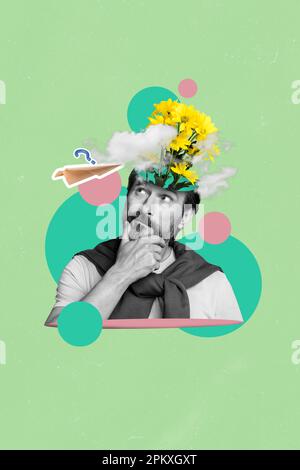 Collage-Kunstwerke Grafik-Bild von flippigen, durchdachten Männerblumen, deren Kopf einen isolierten grünen Hintergrund hat Stockfoto