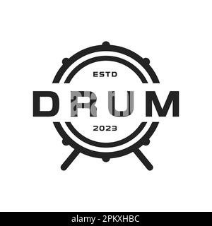 Aufregendes und dynamisches Logo-Design für eine Trommelschule, die sich darauf spezialisiert hat, Schülern das Spielen von Rockmusik beizubringen. Stock Vektor