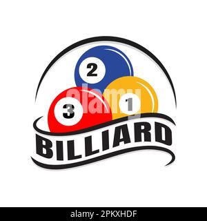 Billard Championship Sport Logo und einfacher Text, schwarzer Ball, roter Ball, gelber Ball, Icon, Symbol Stock Vektor