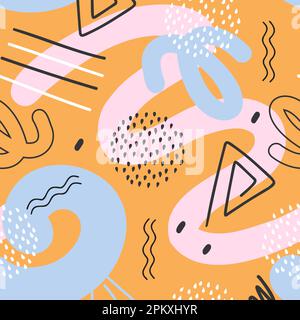 Abstraktes chaotisches, nahtloses Muster mit kritzelnden memphis-Formen, kritzelnden Punkten. Ornatle-Hintergrund. Vektordarstellung für Poster, Social-Media-Vorlagen. Stock Vektor