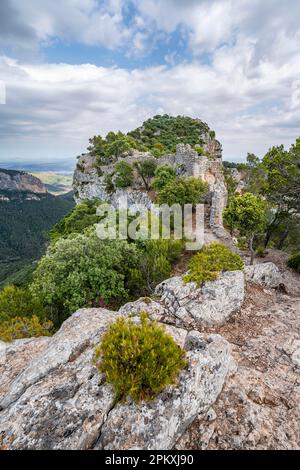 Alte Burgmauern auf dem Gipfel des Berges, Burgruinen Castell Alaro, Puig dAlaro, Serra de Tramuntana, Mallorca, Spanien Stockfoto