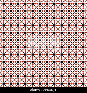 Geometrisches Pixel-Kunstmuster mit roten Diamanten und schwarzen Quadraten auf weißem Hintergrund Stockfoto