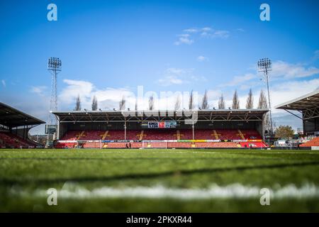 Wrexham, Großbritannien. 10. April 2023. Ein allgemeiner Überblick über den Rennplatz vor dem Spiel der Vanarama National League Wrexham vs Notts County auf dem Rennplatz, Wrexham, Vereinigtes Königreich, 10. April 2023 (Foto von Ritchie Sumpter/News Images) in Wrexham, Vereinigtes Königreich, am 4./10. April 2023. (Foto: Ritchie Sumpter/News Images/Sipa USA) Guthaben: SIPA USA/Alamy Live News Stockfoto