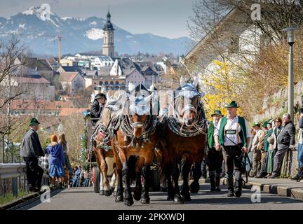 Traunstein, Deutschland. 10. April 2023. Hunderte von festlich dekorierten Pferden führen am Ostermontag während der traditionellen Georgi Ride durch das oberbayerische Dorf zur Kirche Ettendorf. Kredit: Uwe Lein/dpa/Alamy Live News Stockfoto