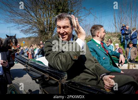 Traunstein, Deutschland. 10. April 2023. Bayerns Ministerpräsident Markus Söder (CSU, l) und der Bezirksverwalter von Traunstein Siegfried Walch (r) sitzen während der traditionellen Georgi-Fahrt am Ostermontag in einer Ehrenkutsche, während Hunderte festlich dekorierter Pferde durch das Oberbayerische Dorf zur Kirche Ettendorf fahren. Kredit: Uwe Lein/dpa/Alamy Live News Stockfoto