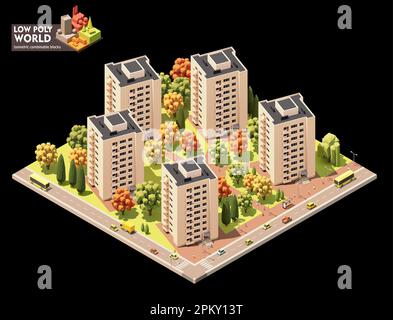 Erzeugung der isometrischen VektorWeltkarte festgelegt. Kombinierbare Kartenelemente. Stadtplan oder Stadtplan für Wohngebiete. Mehrstöckige Gebäude und Straßen Stock Vektor