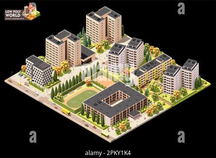 Erzeugung der isometrischen VektorWeltkarte festgelegt. Kombinierbare Kartenelemente. Stadtplan oder Stadtplan für Wohngebiete. Mehrstöckige Gebäude und Straßen Stock Vektor