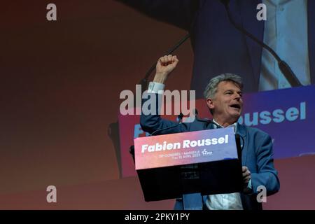 Marseille, Frankreich. 10. April 2023. Fabien Roussel ist am Abschlusstag des 39. Kongresses der Kommunistischen Partei Frankreichs (PCF) in Marseille, Frankreich, am 10. April 2023 zu sehen. Foto: Laurent Coust/ABACAPRESS.COM Kredit: Abaca Press/Alamy Live News Stockfoto