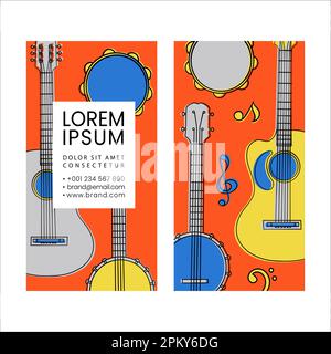 GITARRENBANJO TAMBURINE Country Music Unterricht Akustikinstrumente Musiklehrer Business Card Bright Templates Bildungs-Clip Art Vektor Illustration Stock Vektor