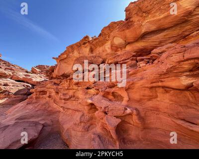 Farbige Schlucht mit roten Felsen. Ägypten, Wüste, Sinai Halbinsel, Nuweiba, Dahab. Stockfoto