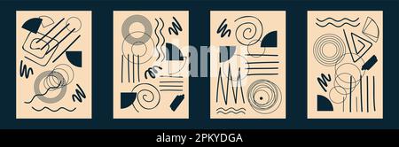 Abstrakte memphis Scribbles Poster Set. Broschüren zu minimalen geometrischen Elementen. Zeitgenössisches Design der Inneneinrichtung mit Wandschmuck, Vorlage für Geschichten aus sozialen Medien mit kreativem, lustigem Squiggle. Vektordarstellung Stock Vektor