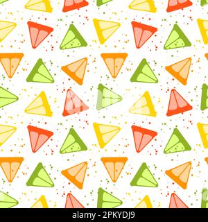 Abstrakte, farbenfrohe Zitrusscheiben und Spritzer nahtloses Muster. Saftiger Sommerhintergrund. Kinder witzig niedliche Textur für Einband, Menü, Banner, Stoff, Geschenkpapier, Partydesign. Vektordarstellung. Stock Vektor