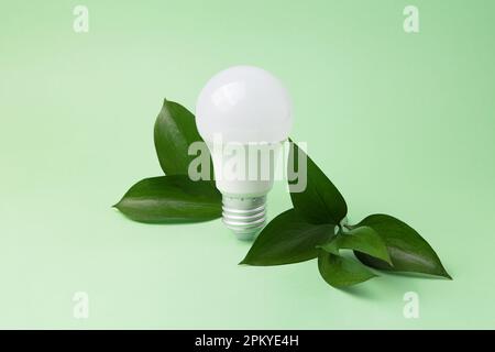 LED-Lampe mit frischen grünen Blättern, grünes Energiekonzept. Stockfoto