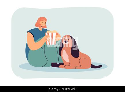 Ein Mädchen, das mit dem Hund sitzt und Popcorn isst Stock Vektor