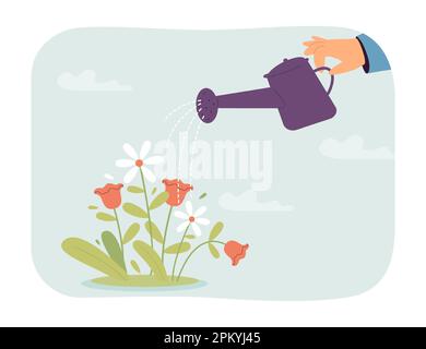 Menschliche Hand bewässernde Blumen Flachvektordarstellung Stock Vektor