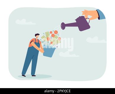 Ein winziger Mann mit einer Geldpflanze und eine große Hand mit einer Gießkanne Stock Vektor