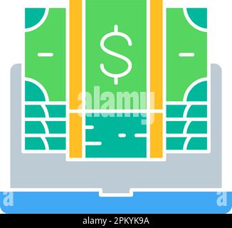 Dollar-Banknoten mit Laptop, weißes Umriss-Symbol für Barzahlung. Barzahlung, Papierrechnung, Dollarzeichen-Design. Stock Vektor