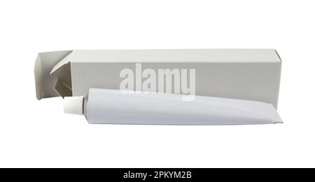 Weiße Röhre neben ihrem weißen Kastenmodell, vom Hintergrund isoliert Stockfoto