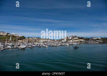 Torquay Pier und Hafen an einem sonnigen Frühlingstag in der Gegend von Torbay, England. Torquay, Devon, Großbritannien Stockfoto