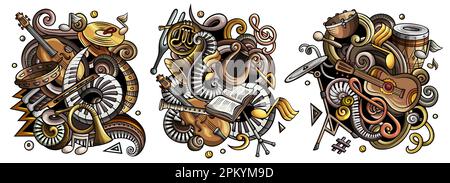 Klassische Musik Cartoon Vektor Doodle Designs gesetzt. Farbenfrohe, detailreiche Kompositionen mit vielen musikalischen Objekten und Symbolen. Isoliert auf weißer Illustration Stock Vektor