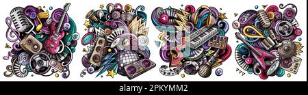 Disco Musik Cartoon Vektor Doodle Designs Set. Farbenfrohe, detailreiche Kompositionen mit vielen musikalischen Objekten und Symbolen. Isoliert auf weißen Abbildungen Stock Vektor