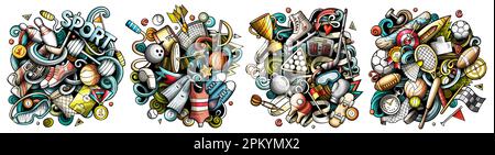 Sport Cartoon Vektor Doodle Designs Set. Farbenfrohe, detailreiche Kompositionen mit vielen Sportobjekten und Symbolen. Alle Elemente sind getrennt Stock Vektor