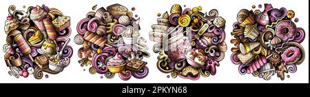 Desserts Cartoon Vektor Doodle Designs Set. Farbenfrohe, detailreiche Kompositionen mit vielen süßen Food-Objekten und Symbolen. Isoliert auf weißen Abbildungen Stock Vektor