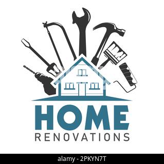 Hausrenovierungen - konzeptionelles Logo mit einem Haus und die notwendigen Werkzeuge, die bei der Renovierung von Häusern verwendet werden Stockfoto