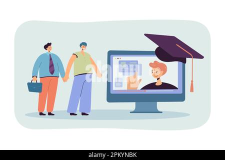 Schüler und Laptop mit Flachvektordarstellung für Online-Kurse Stock Vektor
