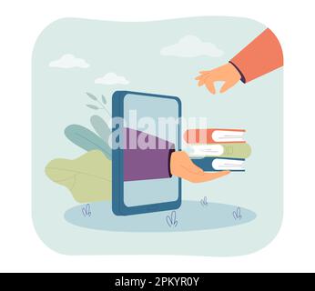 Eine große Hand Lehrer mit Büchern, die aus dem Telefonbildschirm kommen Stock Vektor