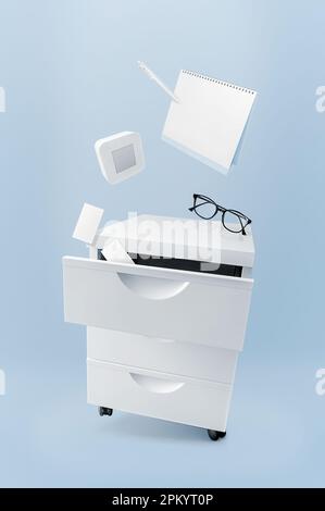 Moderner weißer Schrank mit verschiedenen Schreibwaren und Zubehör, das das Konzept des Arbeitsprozesses auf blauem Hintergrund repräsentiert Stockfoto