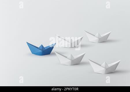Kreatives Bild von weißen Origami-Schiffen hinter einem blauen Papierschiff, das das Konzept der Führung vor hellem Hintergrund repräsentiert Stockfoto