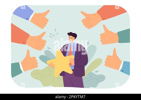 Ein beliebter Arbeiter, der einen Stern hält, und Kollegen, die Daumen nach oben zeigen Stock Vektor