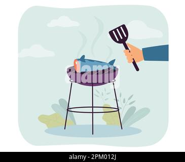 Der Küchenchef grillt zum Abendessen Fisch auf dem Grill Stock Vektor