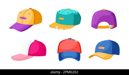 Farbenfrohe Sportkappen und Baseballbälle Zeichentrickset Stock Vektor