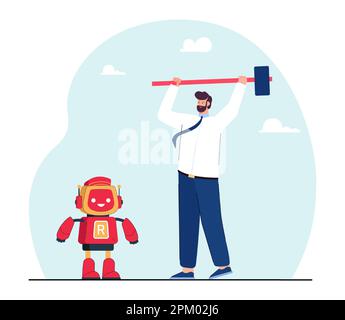 Wütender Büroangestellter zerbricht süßen Roboter mit einem großen Hammer Stock Vektor