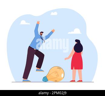 Glücklicher Büroangestellter, der einem Kollegen oder Freund eine große Glühbirne zeigt Stock Vektor