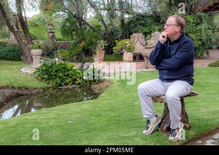 Ein niederländischer Mann mittleren Alters, der auf einem Baumstumpf sitzt, mit durchdachtem Ausdruck in einem wunderschönen Garten mit einem Bach, grünem Gras und grünen Bäumen im Hintergrund, t Stockfoto